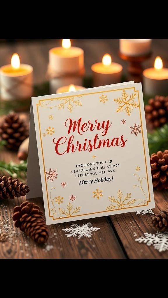 An elegant Christmas card with gold accents and snowflakes on a wooden table with festive decorations.